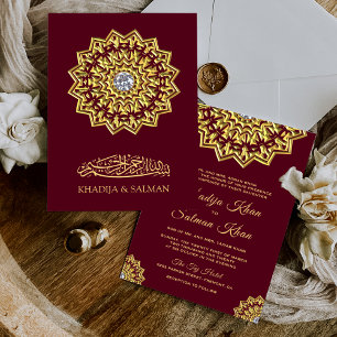 Traditionelle burgunder-goldene Motiv-Hochzeit isl Einladung