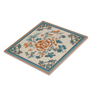 Traditionelle China Orange Tinte Blume Art 1 Fliese