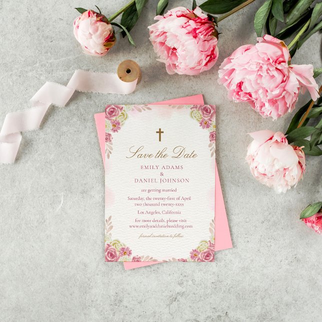 Traditionelle Christliche rosa blumenkatholische H Save The Date (Von Creator hochgeladen)