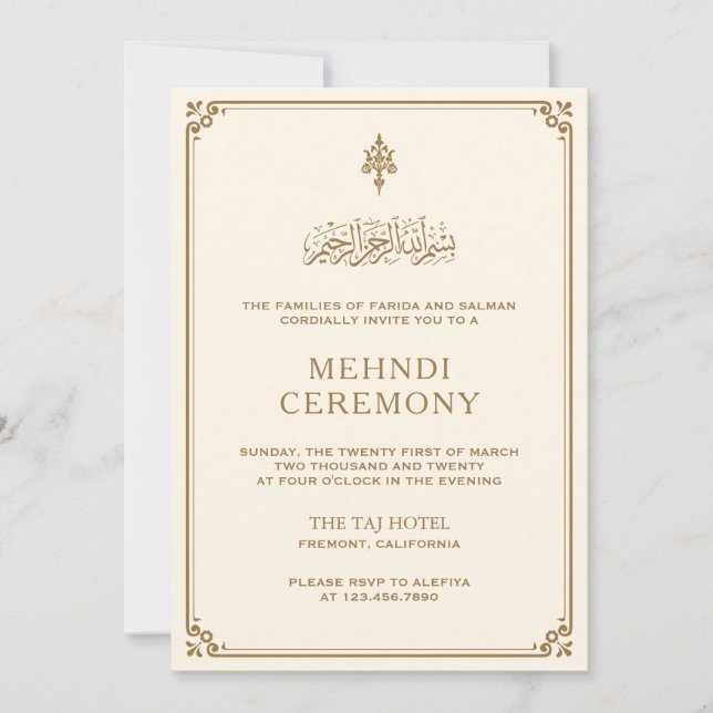 Traditionelle Cream Gold Border islamische Mehndi Einladung (Vorderseite)