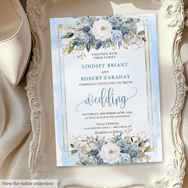Traditionelle Dusty Blue White Gold Blume lädt ein Einladung (Traditional Dusty Blue White Gold Flowers Invitation)