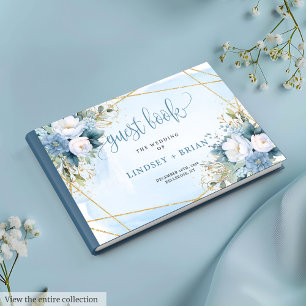 Traditionelle Dusty Blue White Gold Peonies Hochze Gästebuch