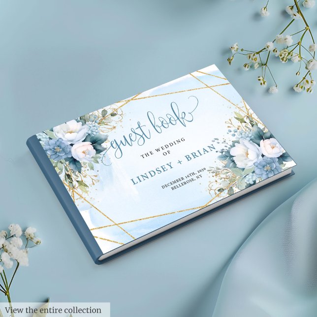 Traditionelle Dusty Blue White Gold Peonies Hochze Gästebuch (Traditional Dusty Blue White Gold Peonies Guest Book)