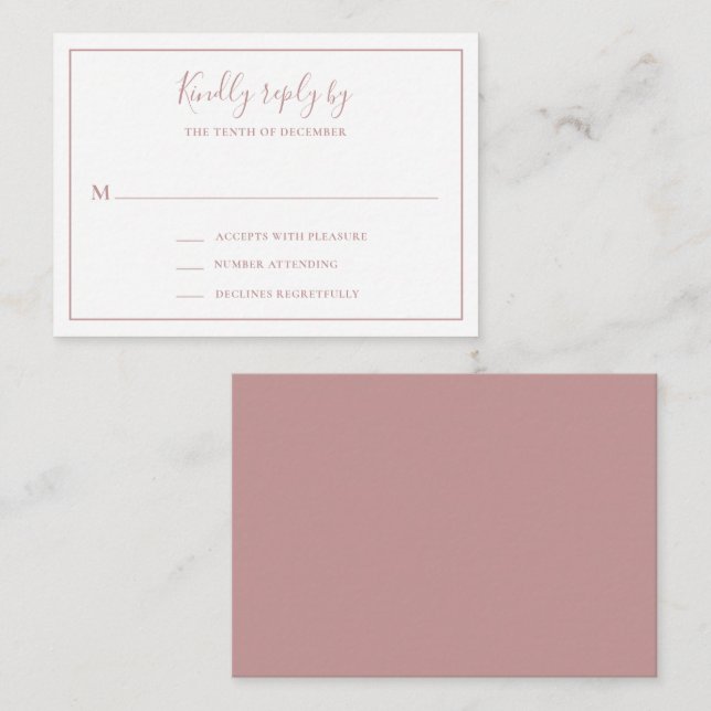 Traditionelle Dusty Rose Pink Mini Wedding RSVP Ka Mitteilungskarte (Vorne/Hinten)