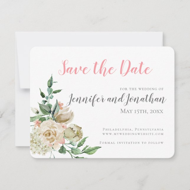 Traditionelle einfache Weißrosen Save the Date (Vorderseite)