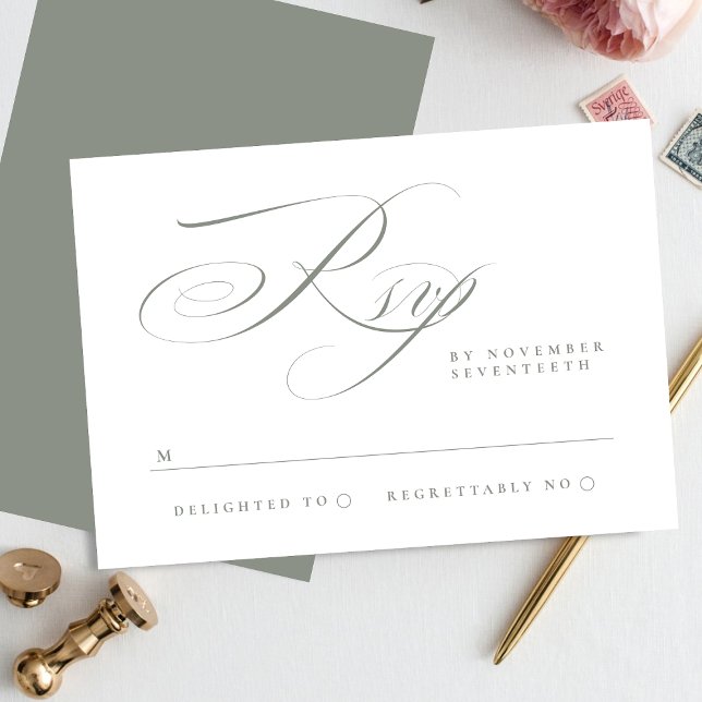 Traditionelle elegante Kalligrafie Gray Green Wedd RSVP Karte (Von Creator hochgeladen)