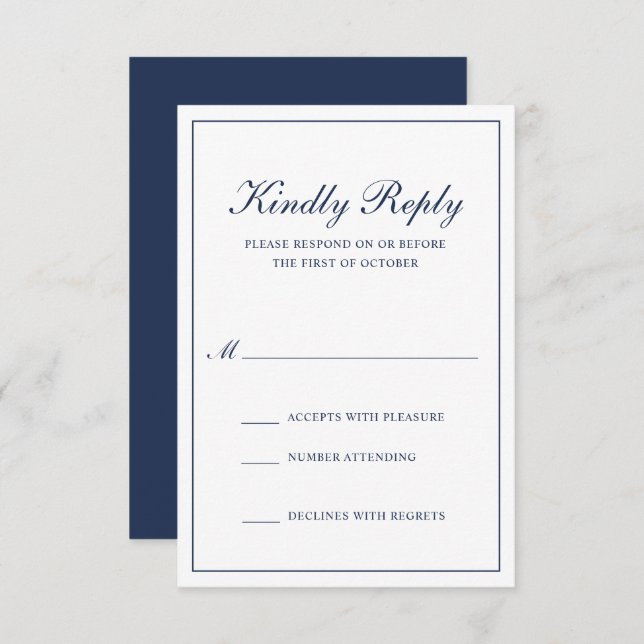 Traditionelle formale Elegant Navy Blue Wedding RSVP Karte (Vorne/Hinten)