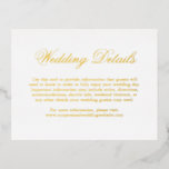 Traditionelle formelle Hochzeitskarte Folie Einladungspostkarte<br><div class="desc">Traditioneller Stil Gold-Folie Hochzeitszittel mit dem Wort "Details" in einer eleganten Kalligraphie. Benutzen Sie diese Umzäunungskarten,  um Anfahrtsbeschreibungen und andere wichtige Details zu den Hochzeiten anzugeben,  die Ihre Gäste vielleicht kennen müssen,  wie z.B. Hotelunterkünfte,  Parkplätze,  Informationen zum Shuttleservice,  etc. Diese klassische Kapselkarte eignet sich perfekt für eine feierliche Hochzeit.</div>