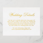 Traditionelle formelle Hochzeitskarte Folie Einladungspostkarte<br><div class="desc">Traditioneller Stil Gold-Folie Hochzeitszittel mit dem Wort "Details" in einer eleganten Kalligraphie. Benutzen Sie diese Umzäunungskarten,  um Anfahrtsbeschreibungen und andere wichtige Details zu den Hochzeiten anzugeben,  die Ihre Gäste vielleicht kennen müssen,  wie z.B. Hotelunterkünfte,  Parkplätze,  Informationen zum Shuttleservice,  etc. Diese klassische Kapselkarte eignet sich perfekt für eine feierliche Hochzeit.</div>