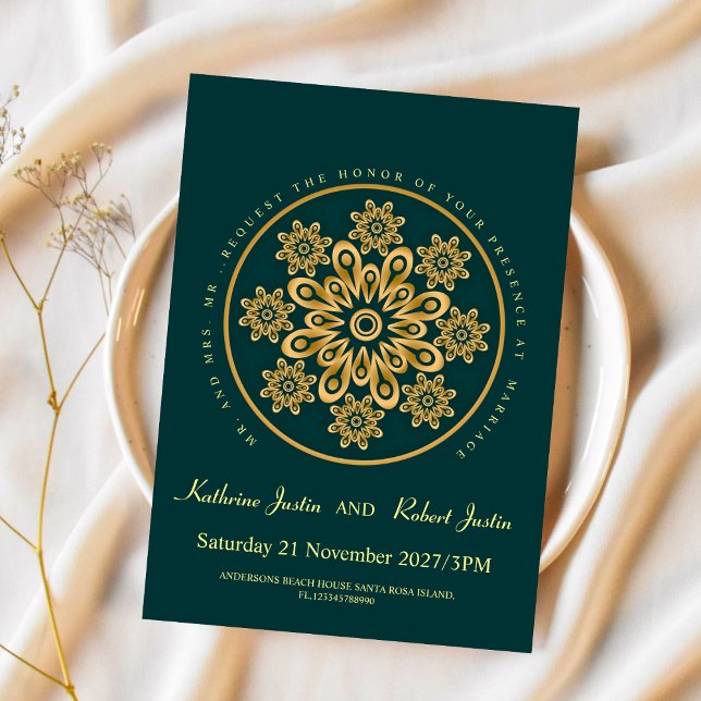 Traditionelle GREEN GOLD Mandala indische Hochzeit Einladung (Von Creator hochgeladen)