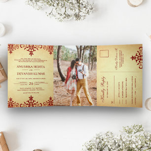 Traditionelle indische Hochzeit im Vintage-Rot-Dam Dreifach Gefaltete Einladung