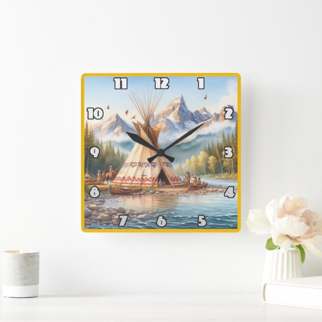 Traditionelle indische Teepee Nature Scene Digi Quadratische Wanduhr (Zuhause)