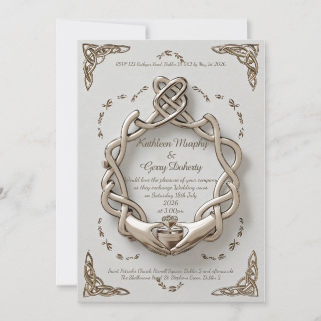 Traditionelle irische Claddagh Ring Motive & Muste Einladung (Vorderseite)