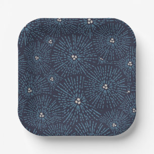 Traditionelle japanische Blumengeometrie blau Pappteller
