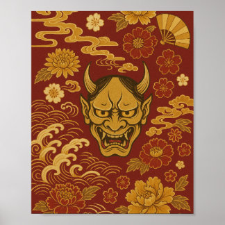 "Traditionelle japanische Dämonenkunst mit Blumenw Poster