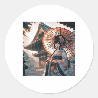Traditionelle japanische Eleganz im Regen Aufklebe Runder Aufkleber