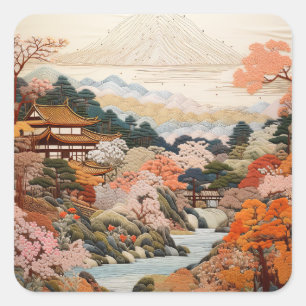 Traditionelle japanische Tapisserie Art Elegantes Quadratischer Aufkleber
