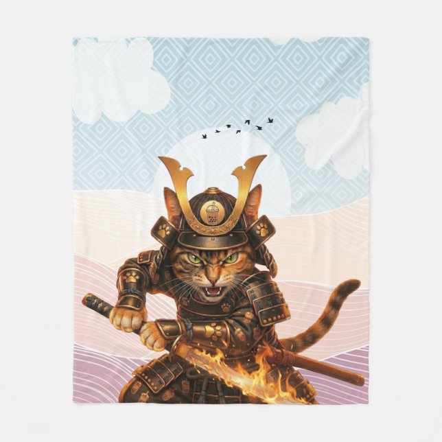 Traditionelle japanische Welle Samurai-Katze Zen-D Fleecedecke (Vorderseite)