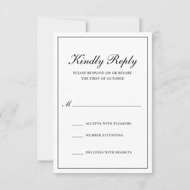 Traditionelle klassische Schwarz-Weiß-Hochzeit RSVP Karte (Vorderseite)