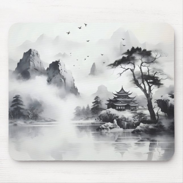 Traditionelle Landschaft der Tintenzeichnung Mousepad (Vorne)