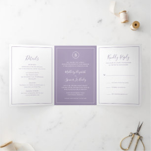 Traditionelle Lila Dusty Hochzeit Dreifach Gefaltete Einladung