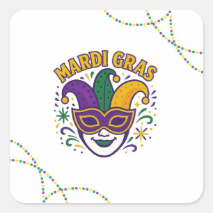 Traditionelle Maske in Mardi-Gras-Farben Quadratischer Aufkleber