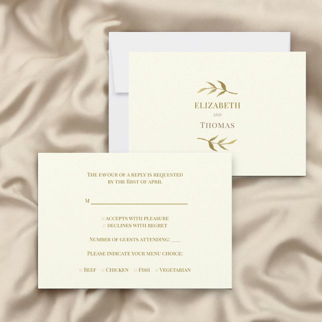 Traditionelle moderne Hochzeitskarte RSVP Karte (luxury wedding rsvp card in ivory and gold , with capital text in gold , part of a collection )