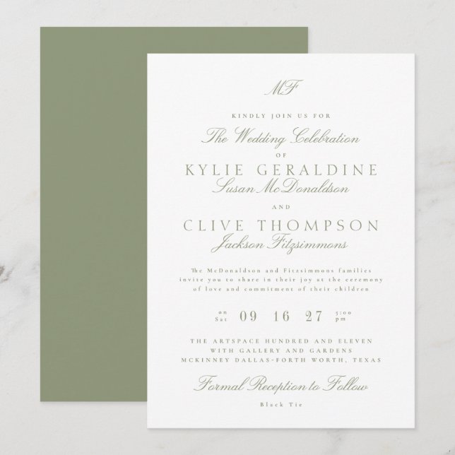 Traditionelle Mongram Classic Sage Green Wedding Einladung (Vorne/Hinten)