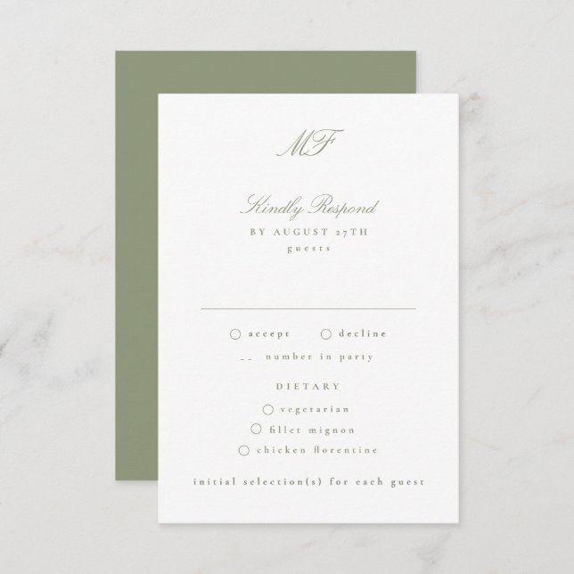 Traditionelle Mongram Classic Sage Green Wedding RSVP Karte (Vorne/Hinten)