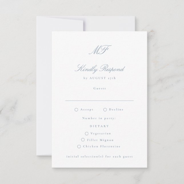 Traditionelle Monogram Classic Dusty Blue Wedding RSVP Karte (Vorderseite)