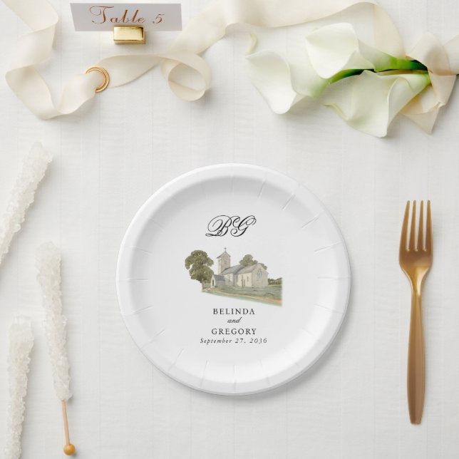 Traditionelle Monogramm-Hochzeit der Wasserfarbenk Pappteller (Hochzeit)