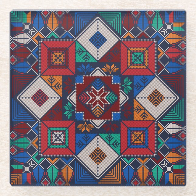 Traditionelle Palästina Stickerei täreez bunt Glasuntersetzer (Vorderseite)