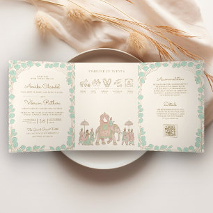 Traditionelle Pastell-Elefanten-Baraat-Indische Ho Dreifach Gefaltete Einladung