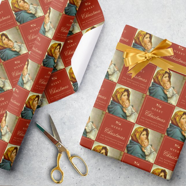 Traditionelle religiöse Jungfrau Mary & Jesus kath Geschenkpapier (Madonna & Child Christmas gift wrap in red and gold for Catholics and Christians)
