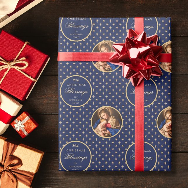 Traditionelle religiöse Madonna & Kind Weihnachten Geschenkpapier (Religious Christmas gift wrap with Madonna and Child in navy blue and gold for Catholics)
