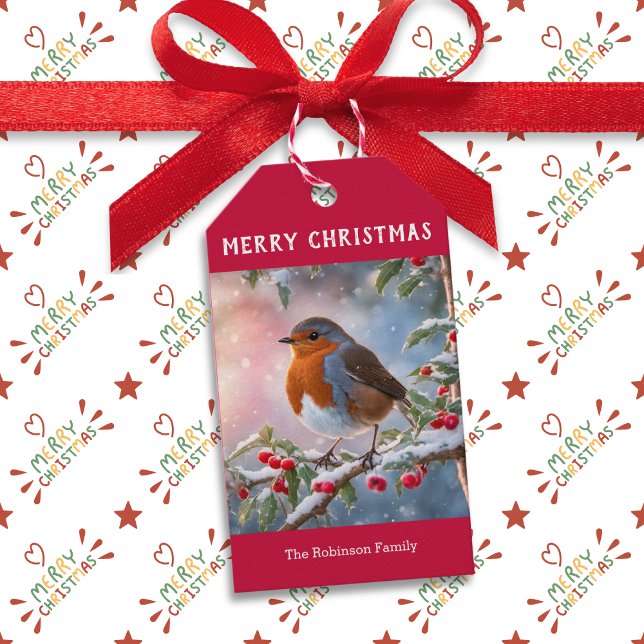 Traditionelle Robin Niedlich Watercolor Frohe Weih Geschenkanhänger (A personalized Christmas gift tag with Robin redbreast picture. Festive, traditional and cute)