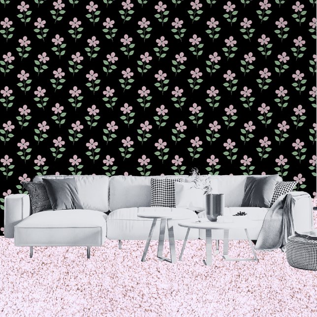 Traditionelle rosa Blume Schwarzes Blumenmuster Tapete (Living Room)