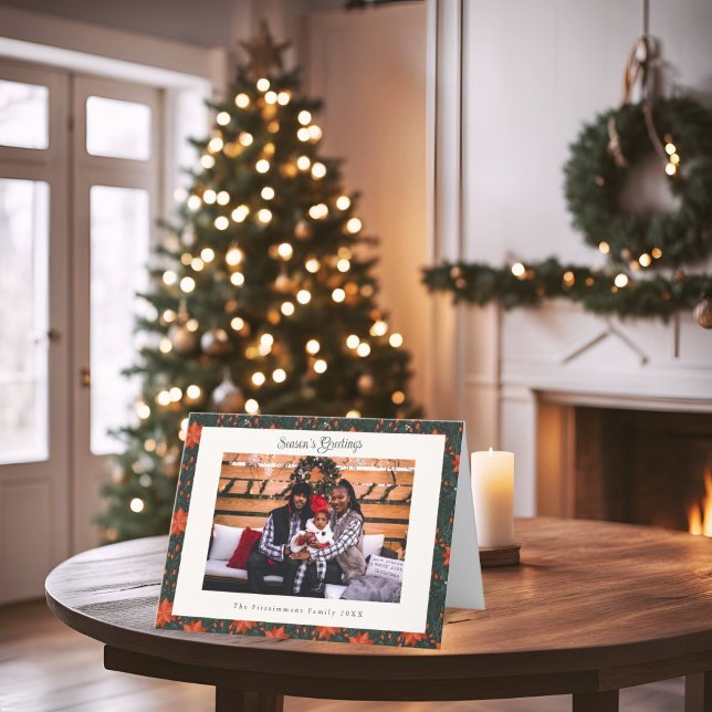 Traditionelle Rote Poinsettia Foto Weihnachtskarte Feiertagskarte (Poinsettia Season Folded Photo Christmas Card forest green)