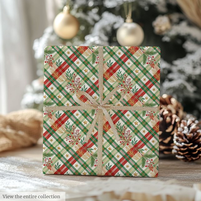 Traditionelle rote und grüne Wasserfarbe-Gingham-V Geschenkpapier (Traditional red and green watercolor gingham wrap)