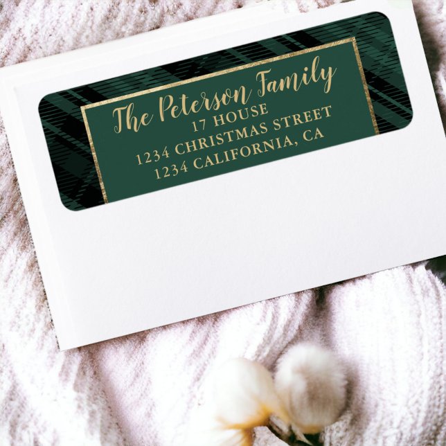 Traditionelle rustikale Grün- und Gold-Karierte We (Traditional Rustic Green and Gold Plaid Christmas Label)