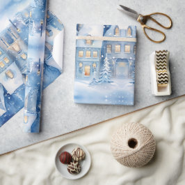 Traditionelle rustikale Winterstadt Blauer Weihnac Geschenkpapier