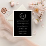 Traditionelle Schwarz-weiße Monogramm-Krautheigung Einladung<br><div class="desc">Elegant & klassisch Blatt Monogramm Kranz Schwarz-Weiß Hochzeit Einladung.</div>