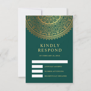 Traditionelle Teal-Gold-Mandala-Indische Hochzeit RSVP Karte