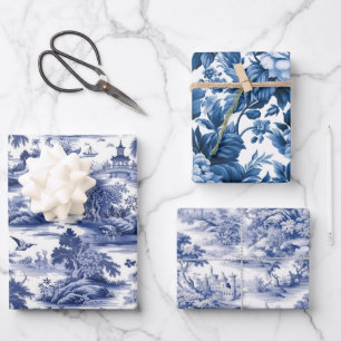 Traditionelle Toile de Jouy, Blaue Willow Muster Geschenkpapier Set