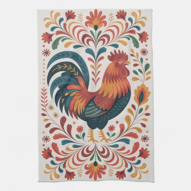 Traditionelle Volkskunst-Hahn-Illustration Geschirrtuch (Vertikal)