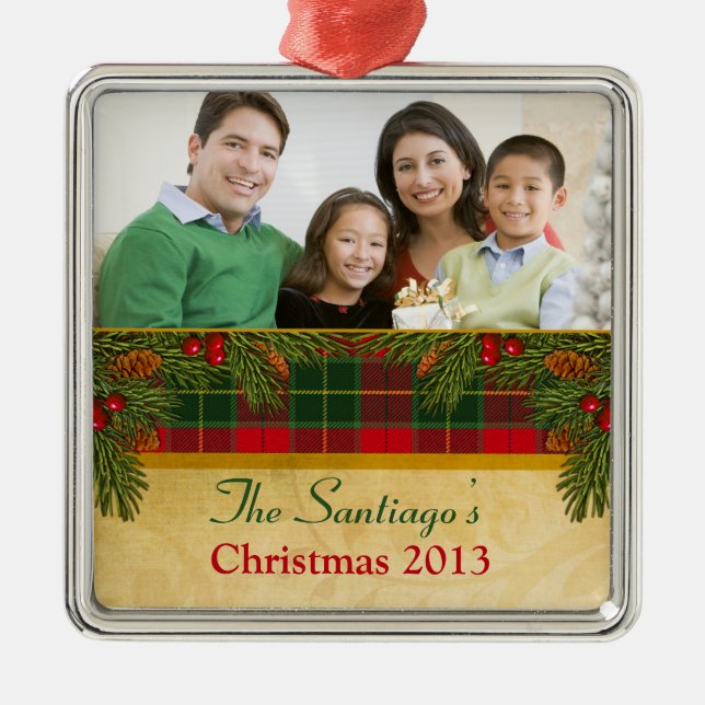 Traditionelle Weihnachten Tartan Kariert Rot Grün  Silbernes Ornament (Vorne)