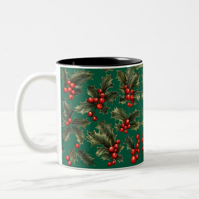 Traditionelle Weihnachts-Holly-Akzente Zweifarbige Tasse (Links)