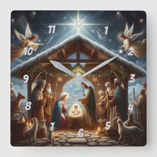 Traditionelle Weihnachtskrippe Quadratische Wanduhr (Vorderseite)