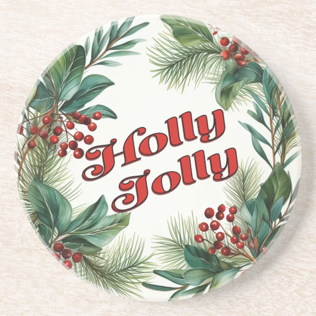 Traditionelle Weihnachtsschrift "Holly Jolly" Getränkeuntersetzer (Vorne)