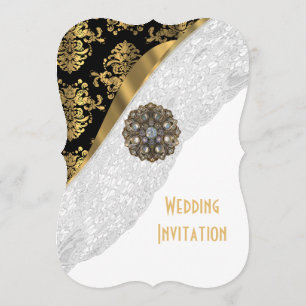 Traditionelle weiße Hochzeit in Schwarz und Gold Einladung